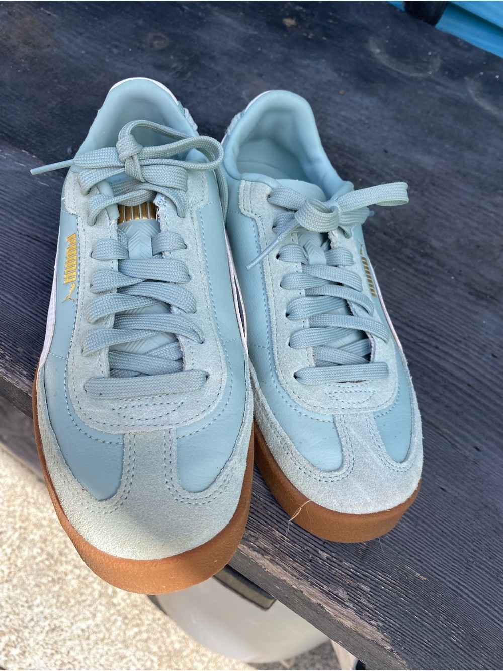 PUMA Mint Green Suede & Leather Sneakers with Gum Sole